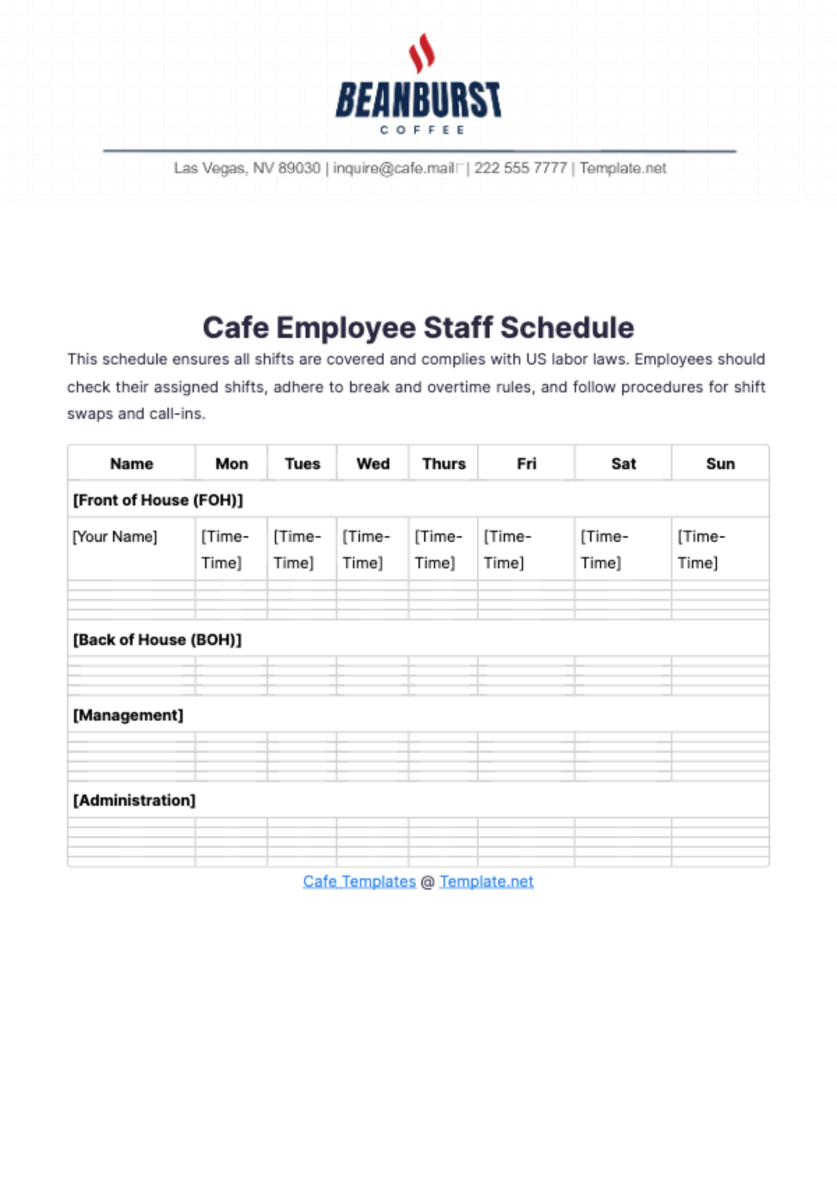 Cafe Employee Staff Schedule Template - Edit Online & Download