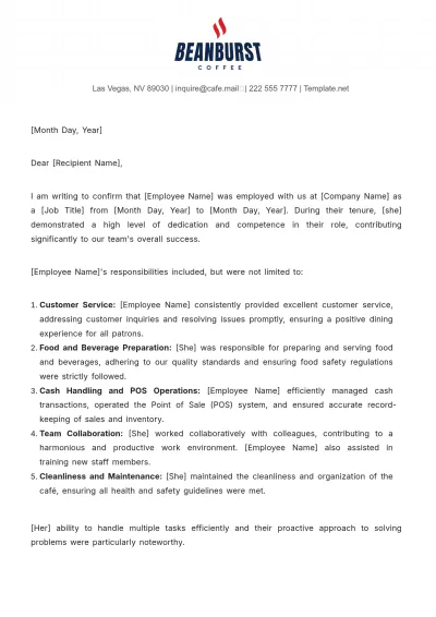 Free Cafe Experience Letter Template to Edit Online