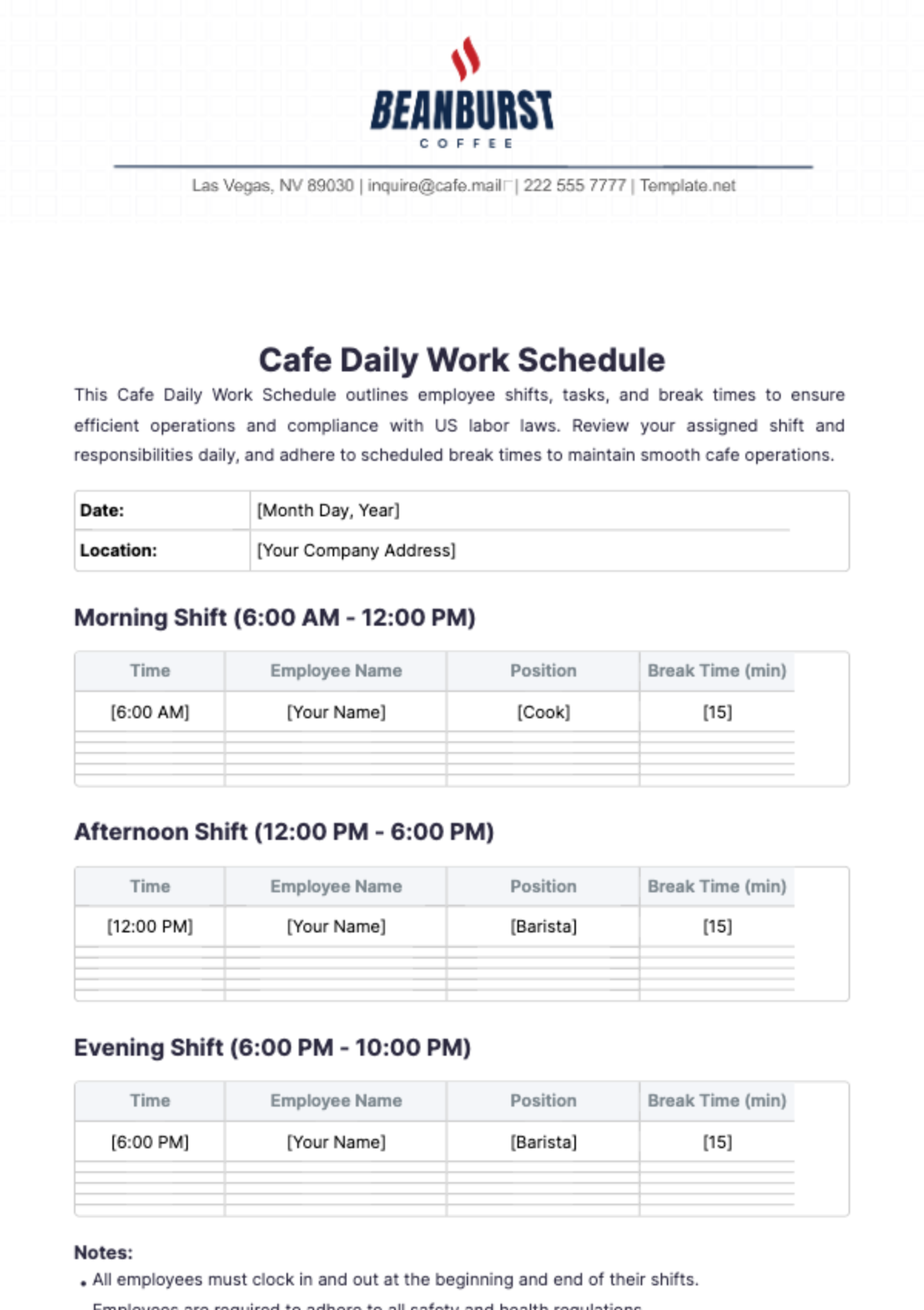 Cafe Daily Work Schedule Template - Edit Online & Download