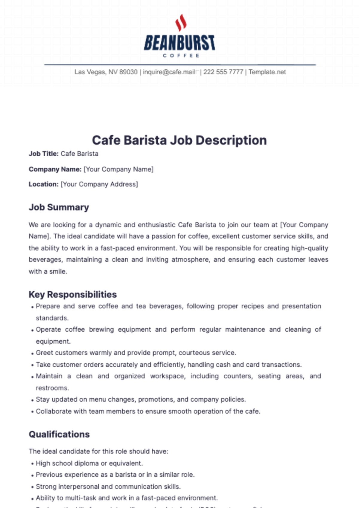 Cafe Barista Job Description Template - Edit Online & Download