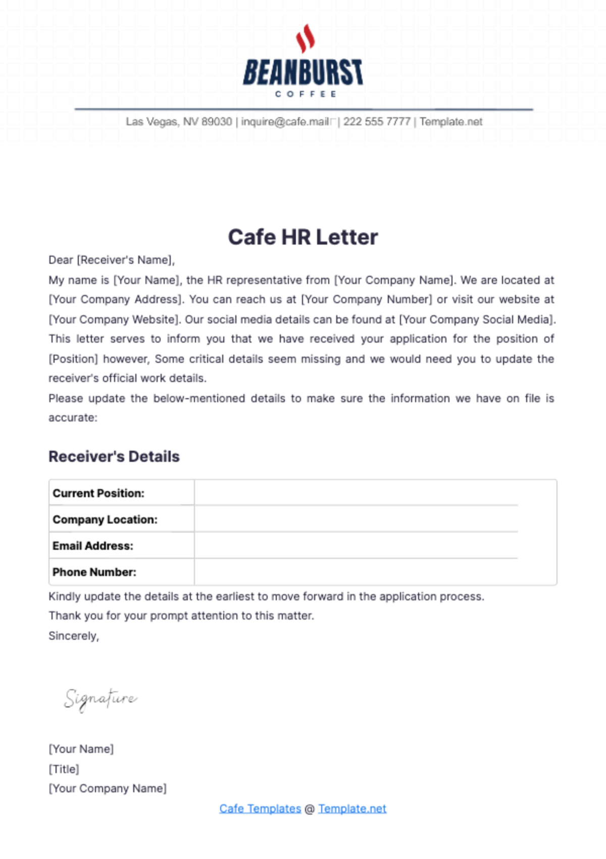 Cafe HR Letter Template - Edit Online & Download