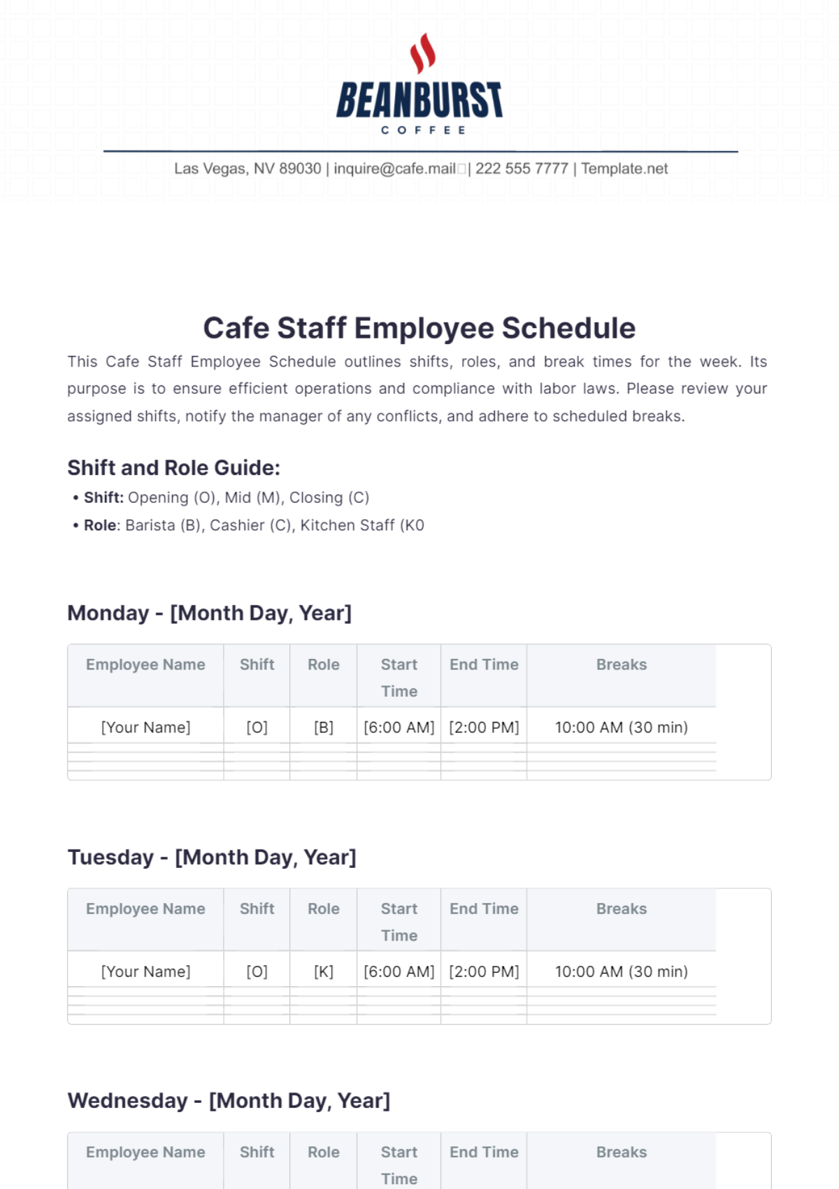 Cafe Staff Employee Schedule Template - Edit Online & Download