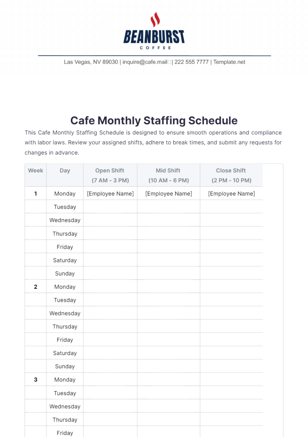 Cafe Monthly Staffing Schedule Template - Edit Online & Download