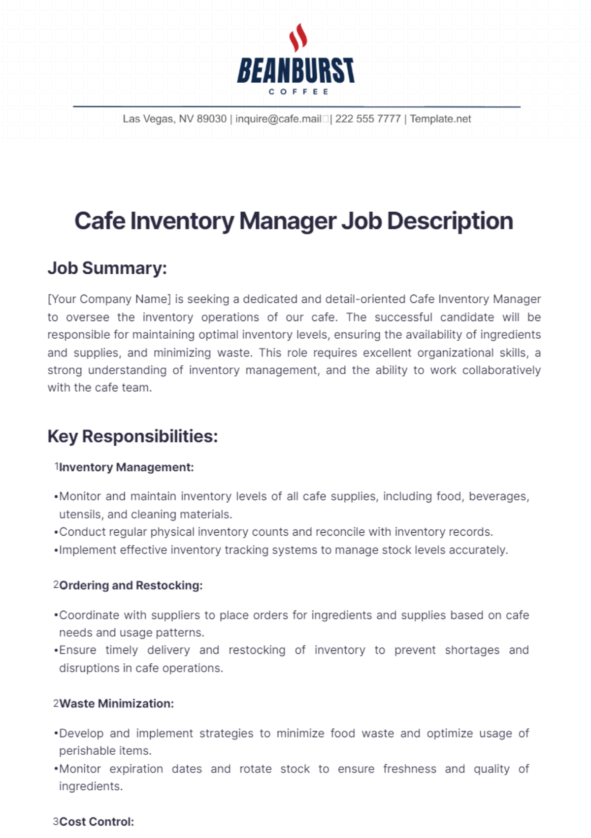 Cafe Inventory Manager Job Description Template - Edit Online & Download