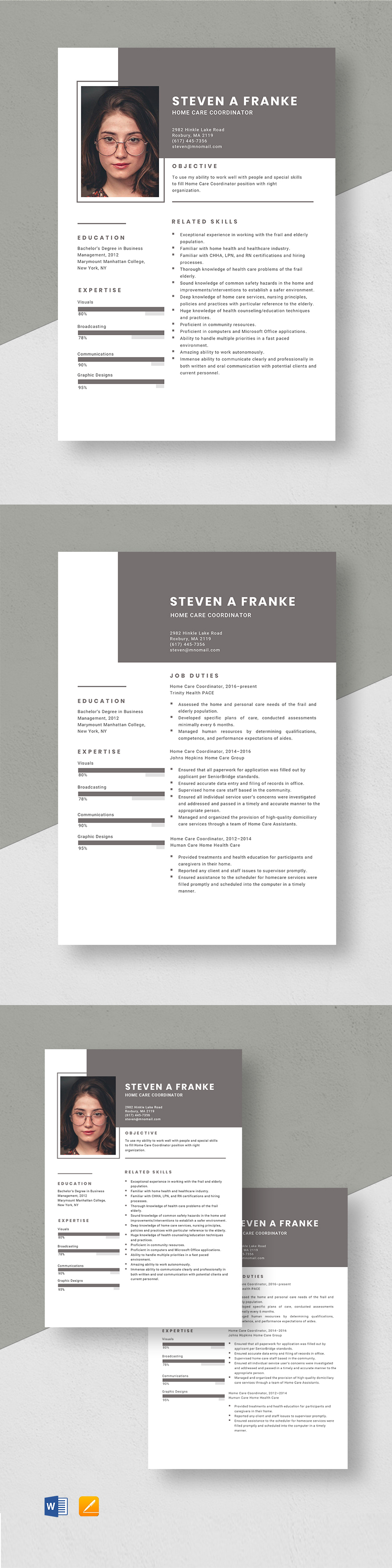 Home Care Coordinator Resume Template Word, Apple Pages