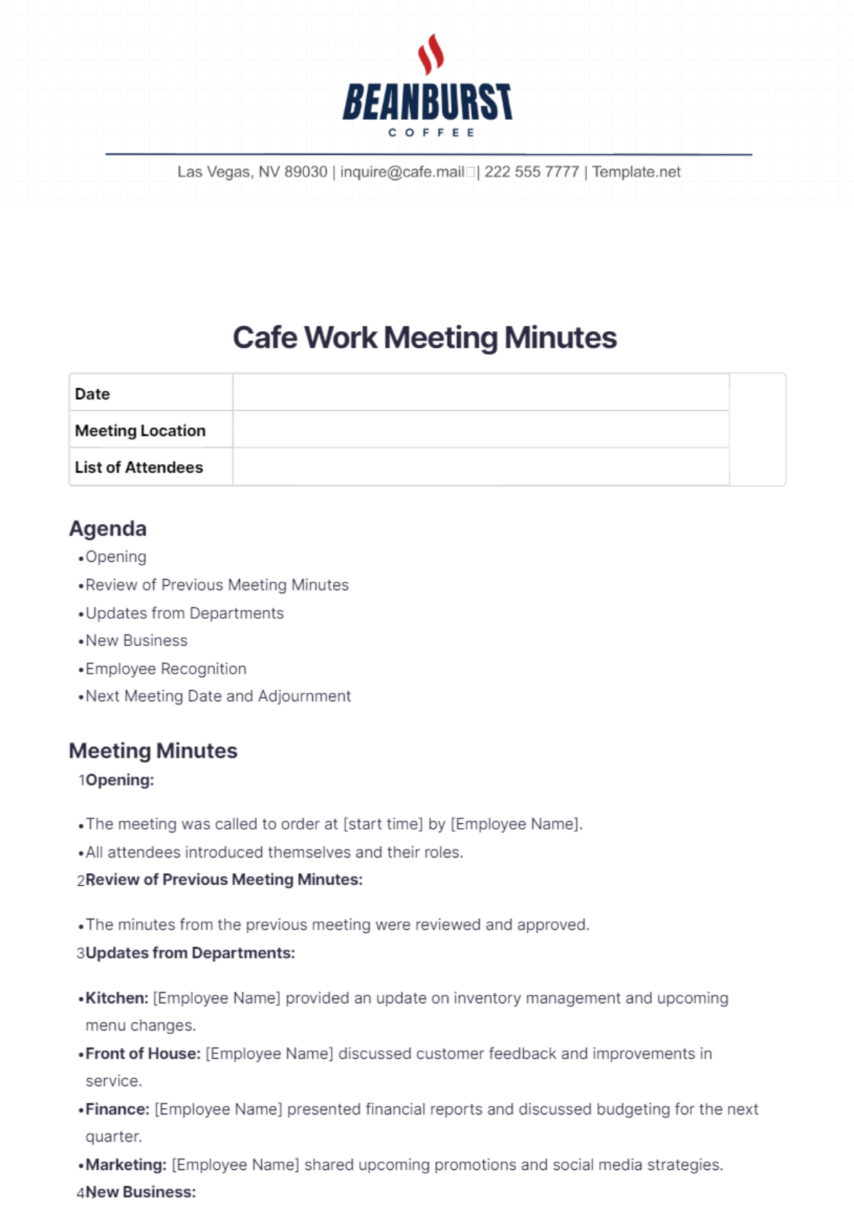 Cafe Work Meeting Minutes Template - Edit Online & Download