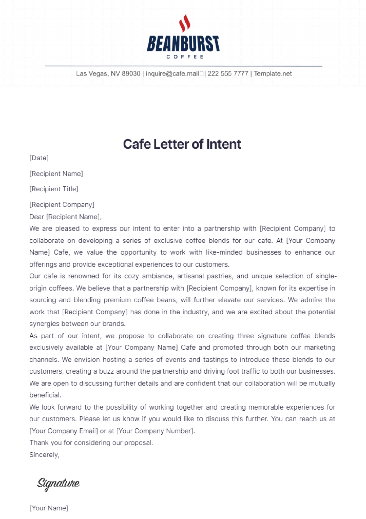 Cafe Letter of Intent Template - Edit Online & Download