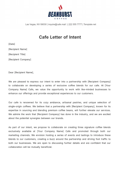 Free Cafe Letter of Intent Template to Edit Online
