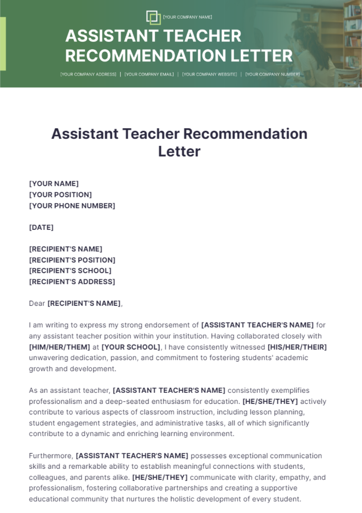 Assistant Teacher Recommendation Letter Template - Edit Online & Download