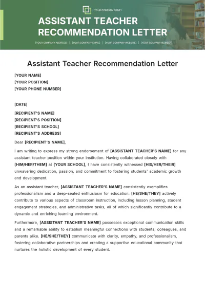 Free Assistant Teacher Recommendation Letter Template to Edit Online