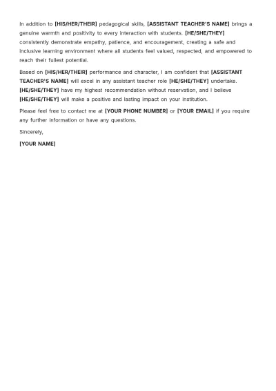 Free Assistant Teacher Recommendation Letter Template to Edit Online