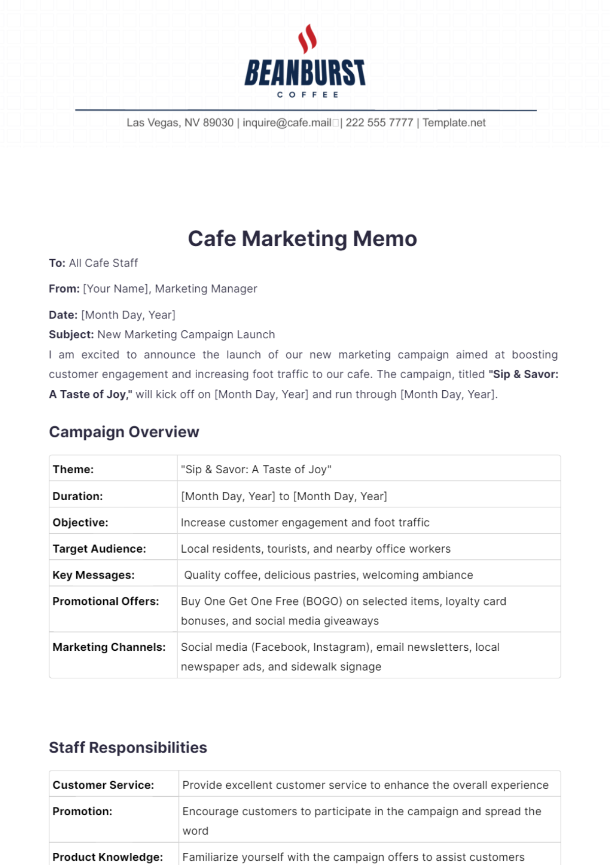 Cafe Marketing Memo Template - Edit Online & Download