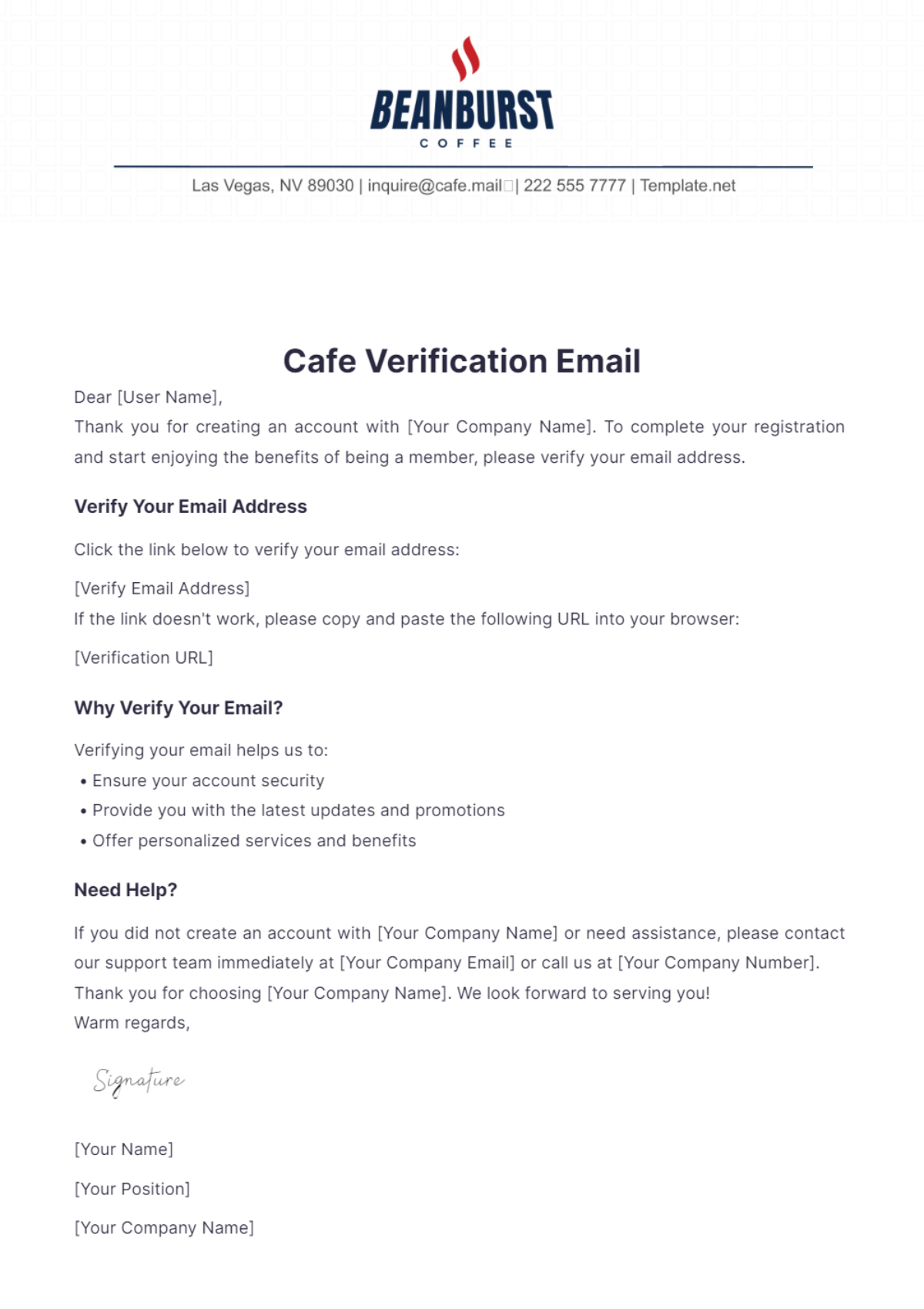 Cafe Verification Email Template - Edit Online & Download