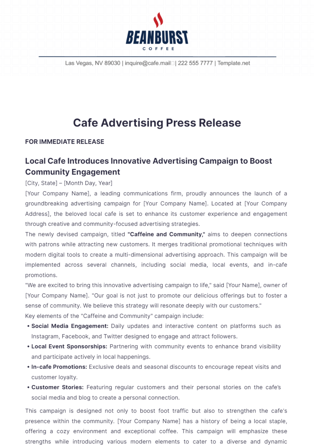 Cafe Advertising Press Release Template - Edit Online & Download