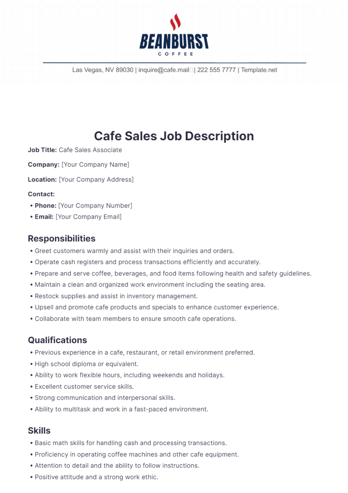 Cafe Sales Job Description Template - Edit Online & Download