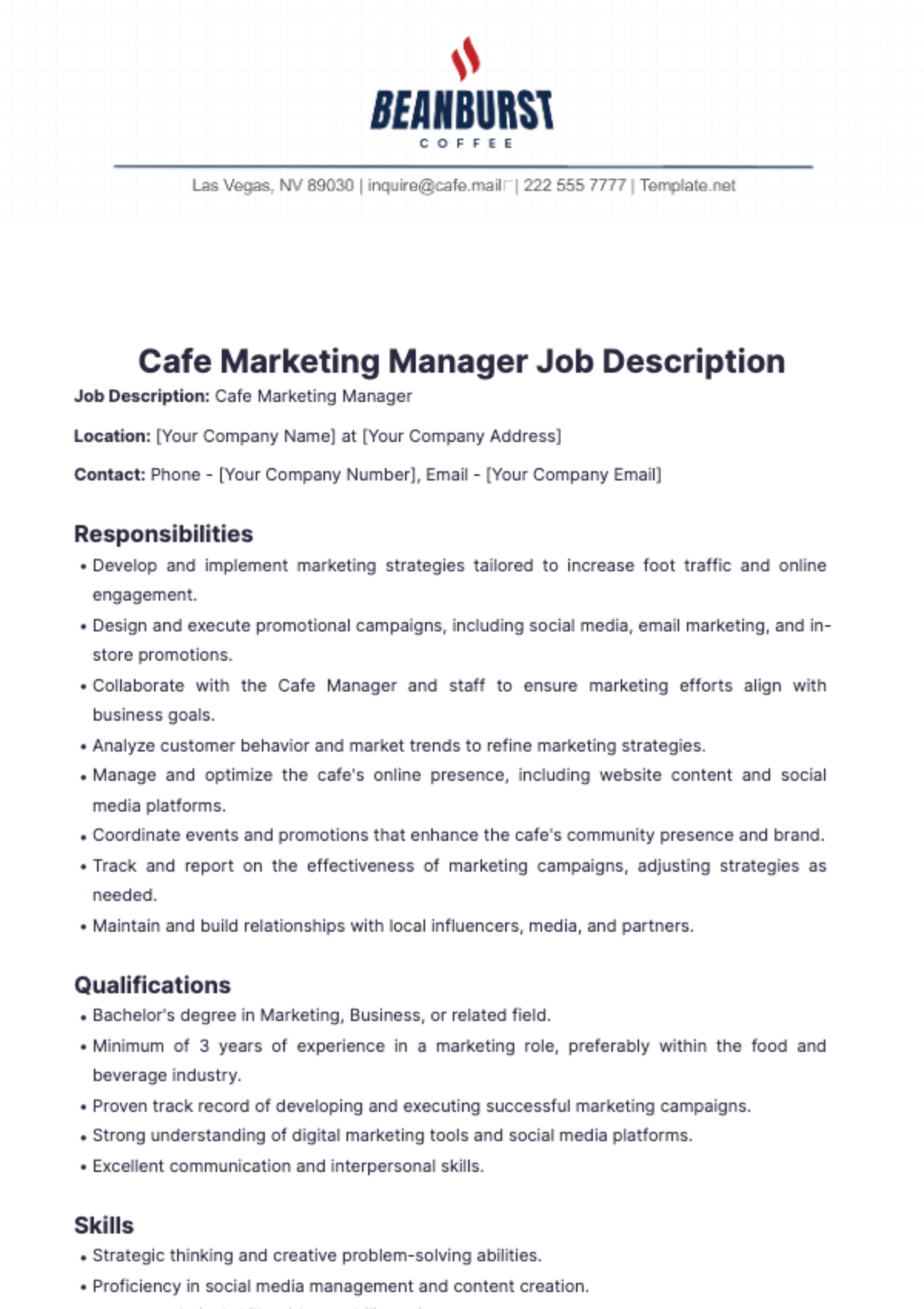 Cafe Marketing Manager Job Description Template - Edit Online & Download