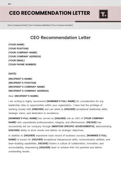 Free CEO Recommendation Letter Template to Edit Online