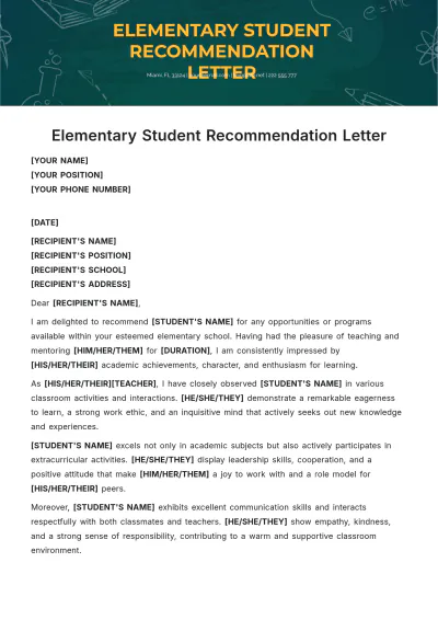 Free Elementary Student Recommendation Letter Template to Edit Online