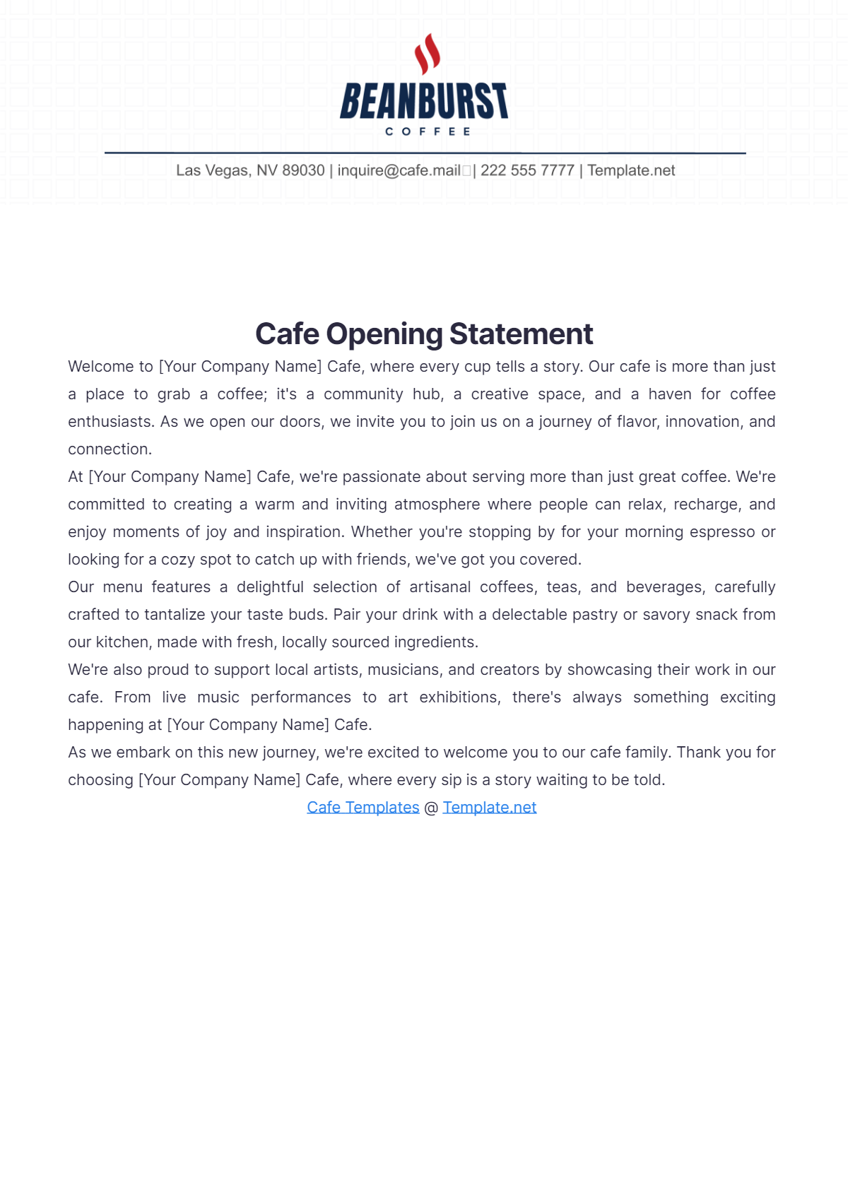 Cafe Opening Statement Template - Edit Online & Download