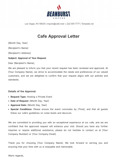 Free Cafe Approval Letter Template to Edit Online