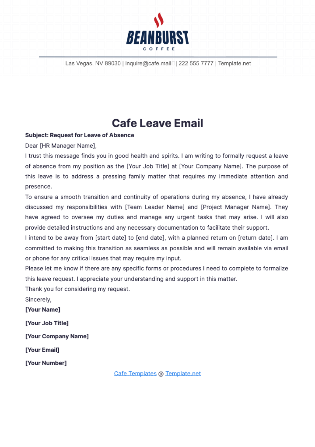 Cafe Leave Email Template - Edit Online & Download