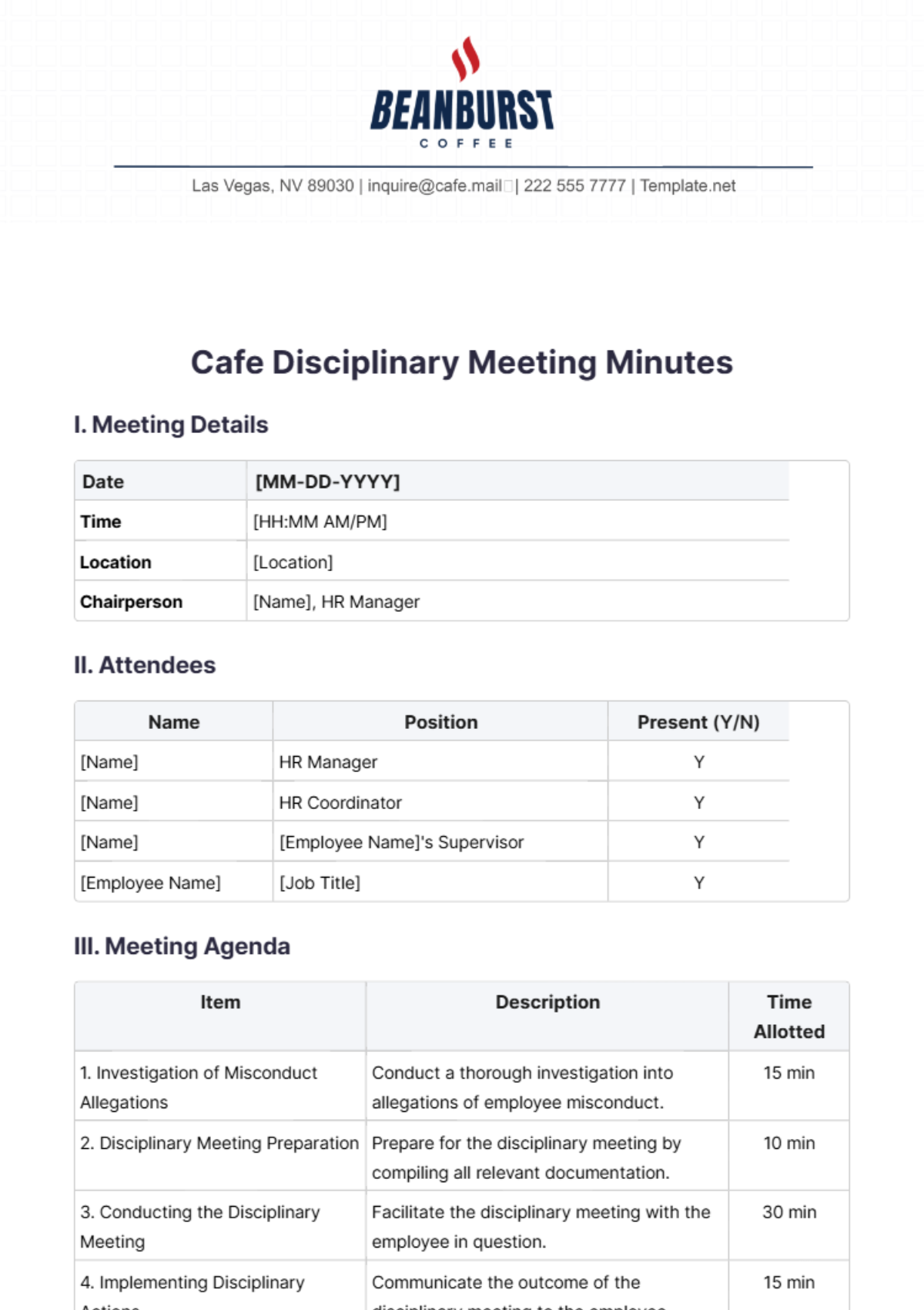 Cafe Disciplinary Meeting Minutes Template - Edit Online & Download