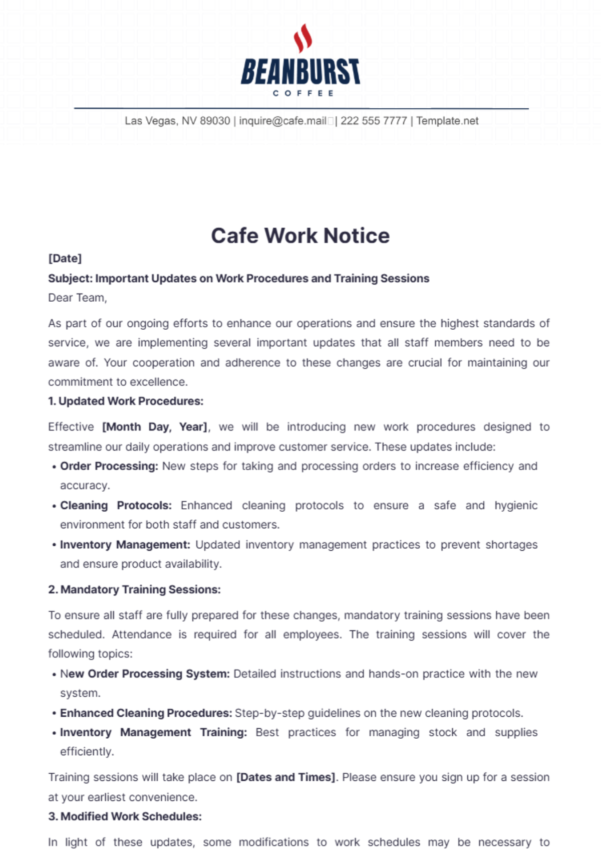 Cafe Work Notice Template - Edit Online & Download