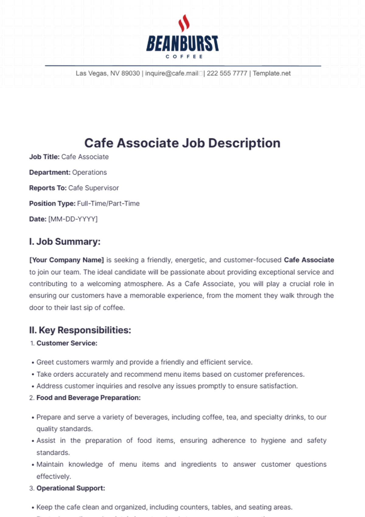 Cafe Associate Job Description Template - Edit Online & Download