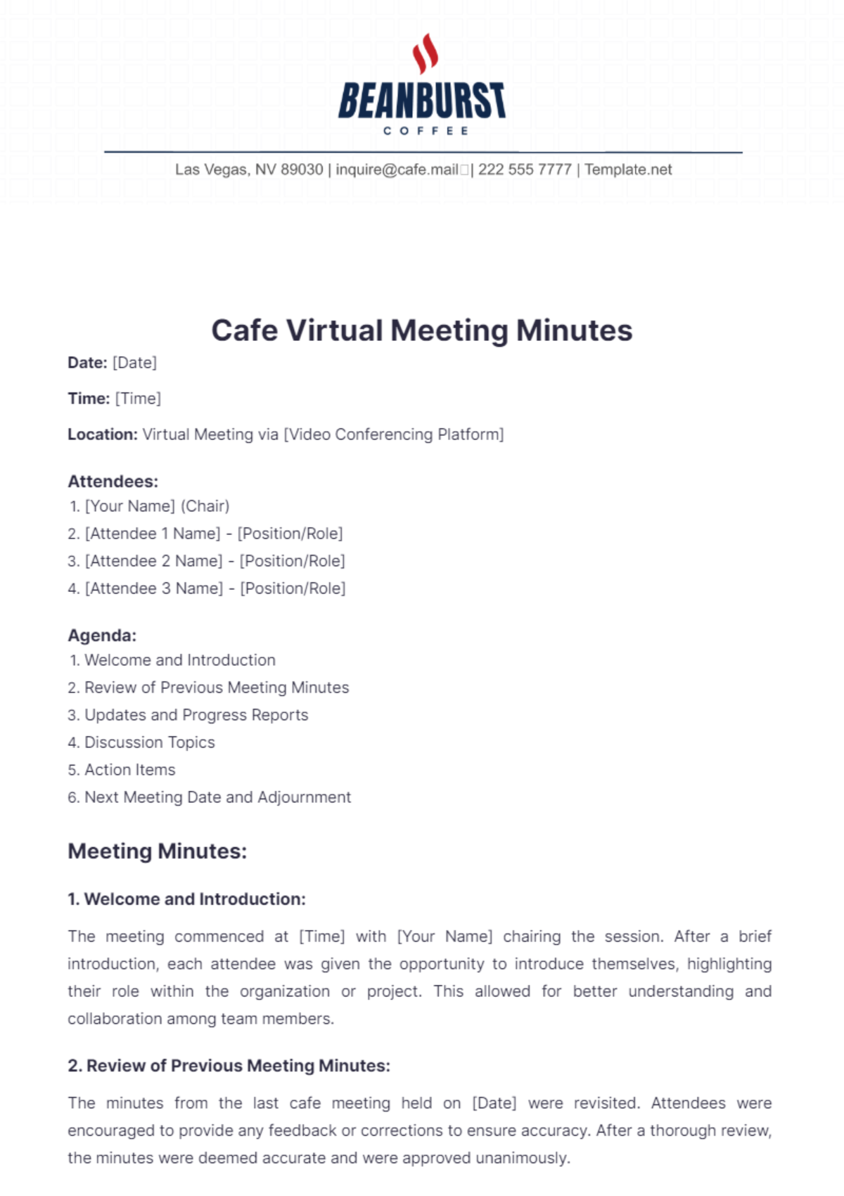 Cafe Virtual Meeting Minutes Template - Edit Online & Download