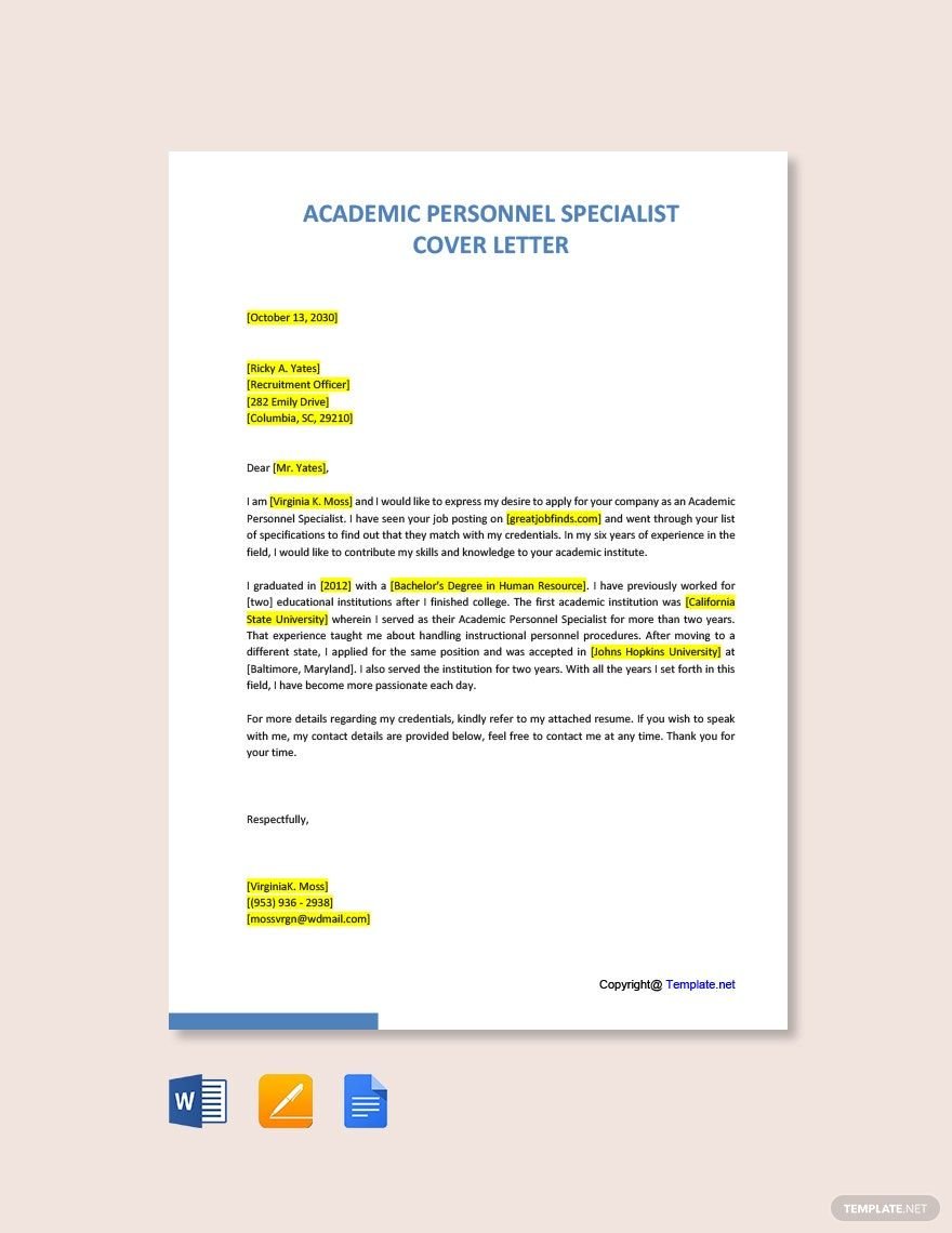 Academic Personnel Specialist Cover Letter