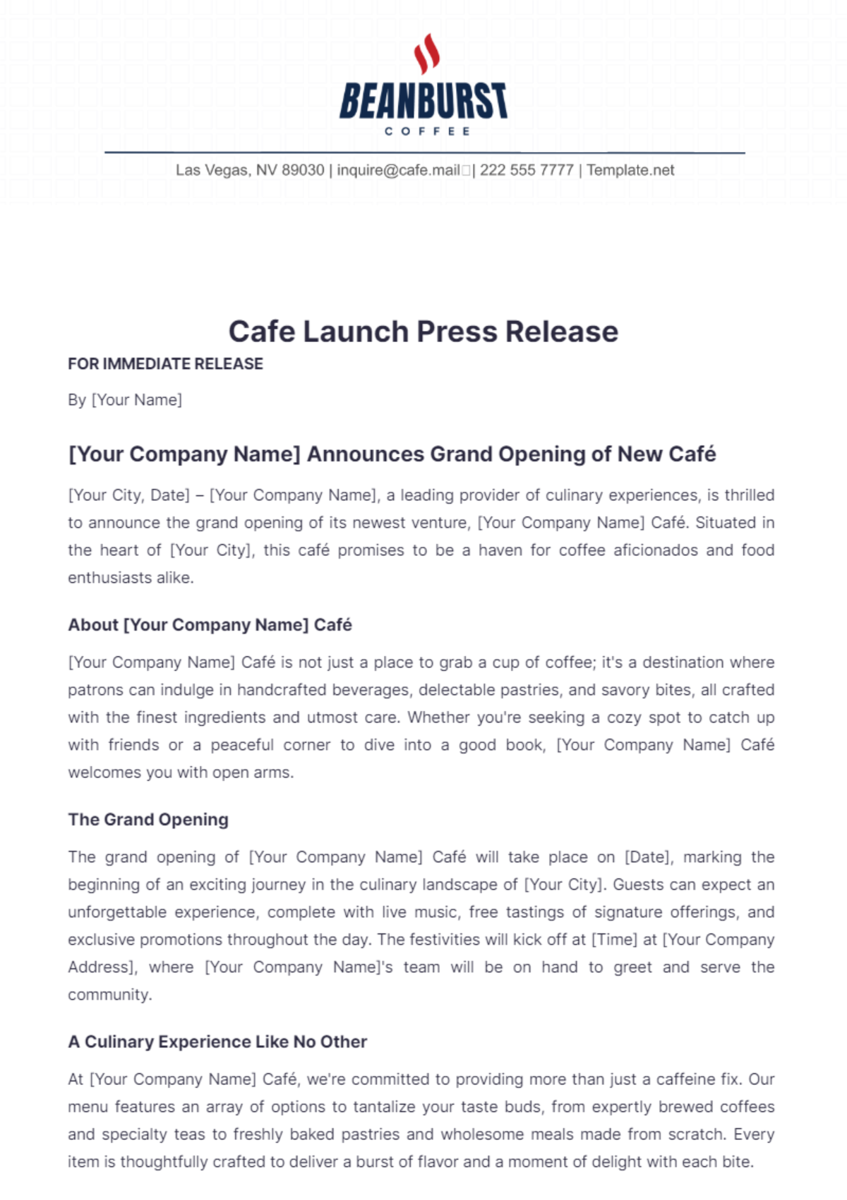 Cafe Launch Press Release Template - Edit Online & Download