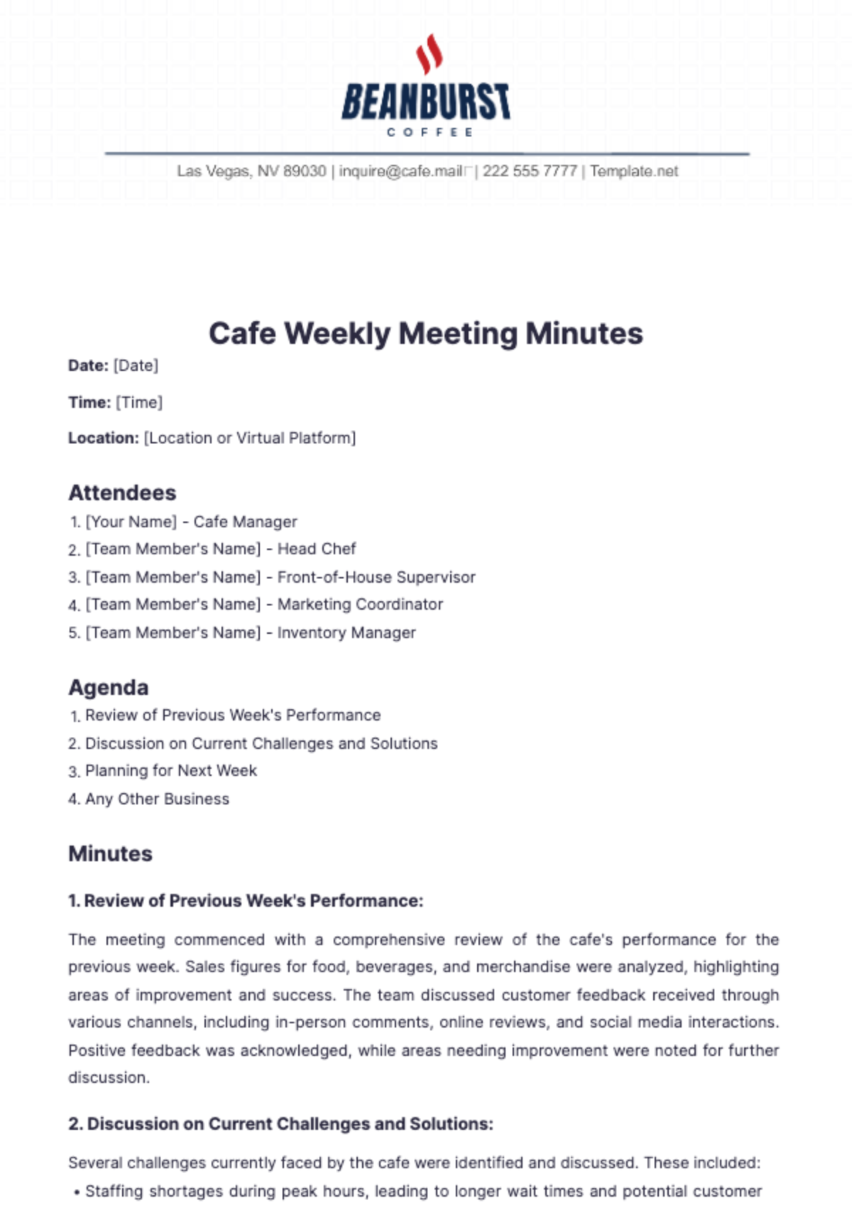 Cafe Weekly Meeting Minutes Template - Edit Online & Download