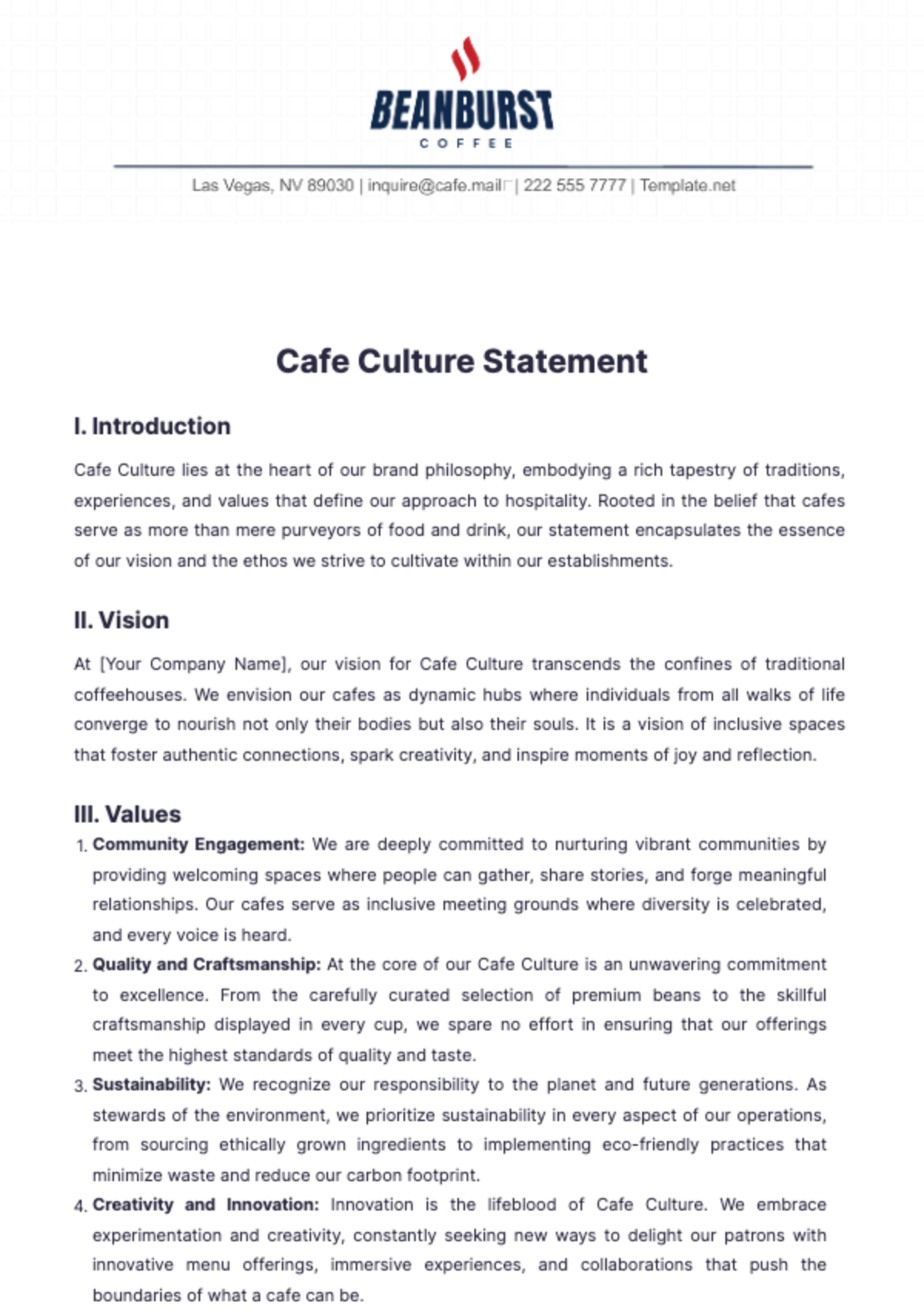 Free Cafe Culture Statement Template - Edit Online & Download ...