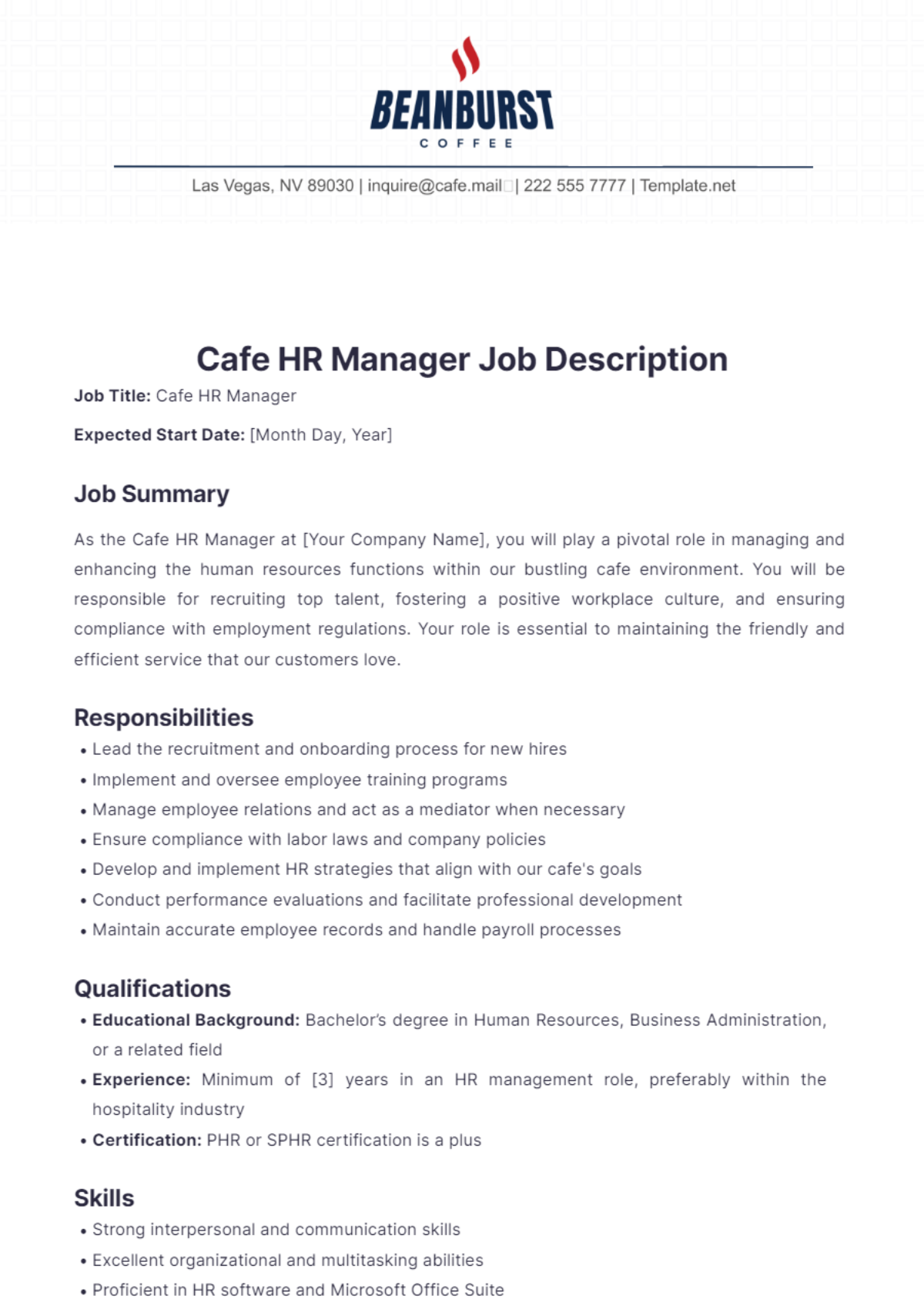 Cafe HR Manager Job Description Template - Edit Online & Download