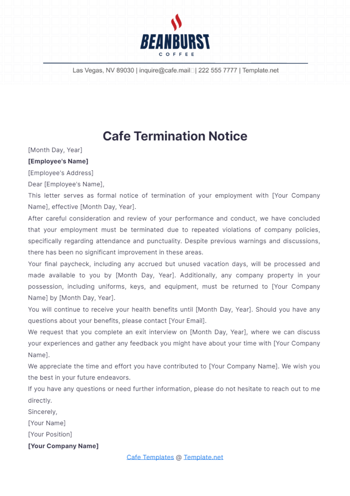 Cafe Termination Notice Template - Edit Online & Download