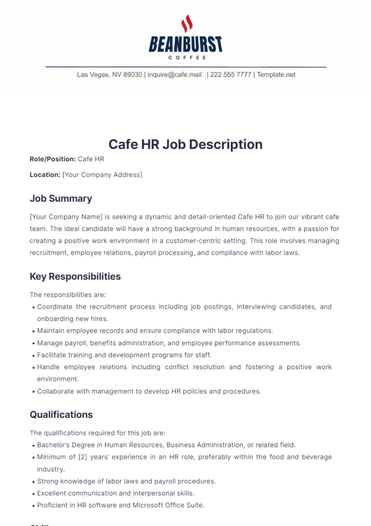 Cafe HR Job Description Template - Edit Online & Download