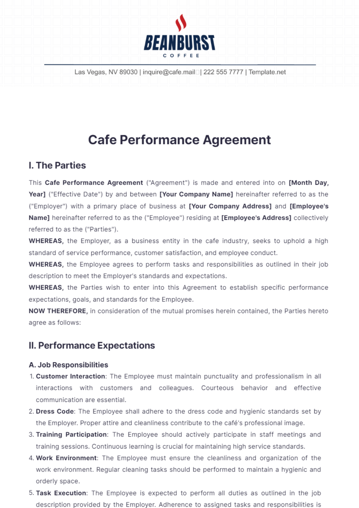 Cafe Performance Agreement Template - Edit Online & Download