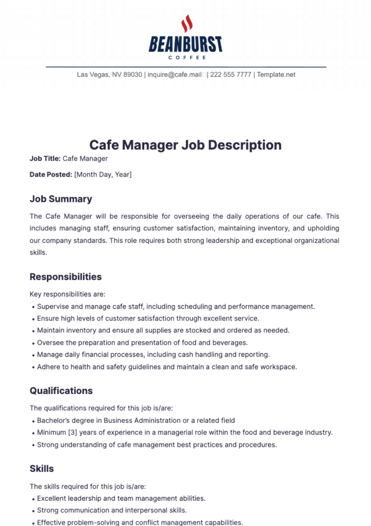 Cafe Manager Job Description Template - Edit Online & Download