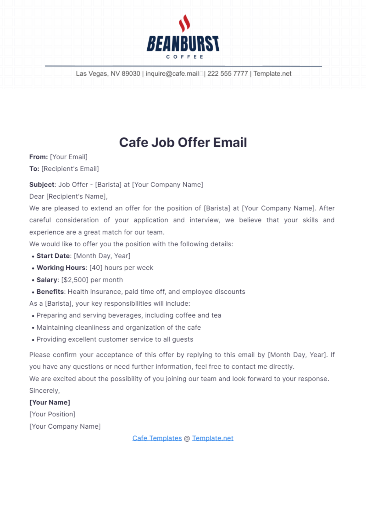 Cafe Job Offer Email Template - Edit Online & Download