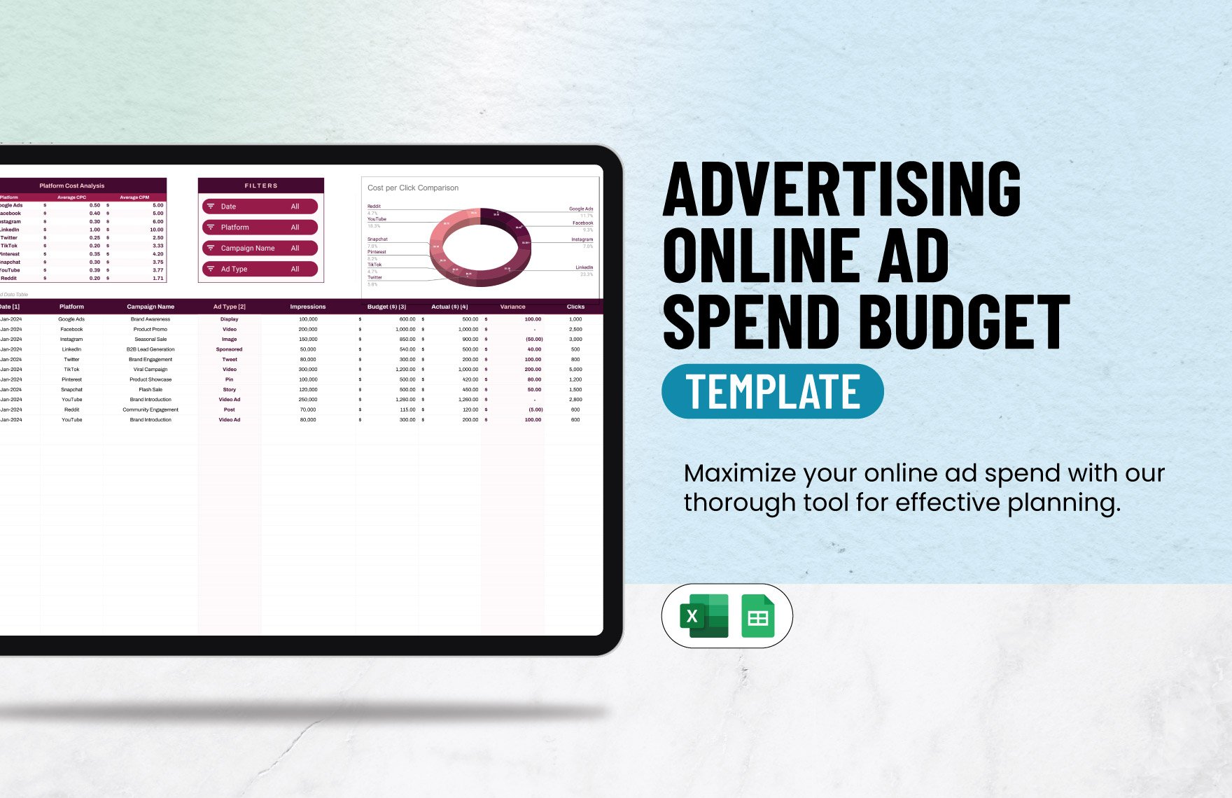 Advertising Online Ad Spend Budget Template in Excel, Google Sheets