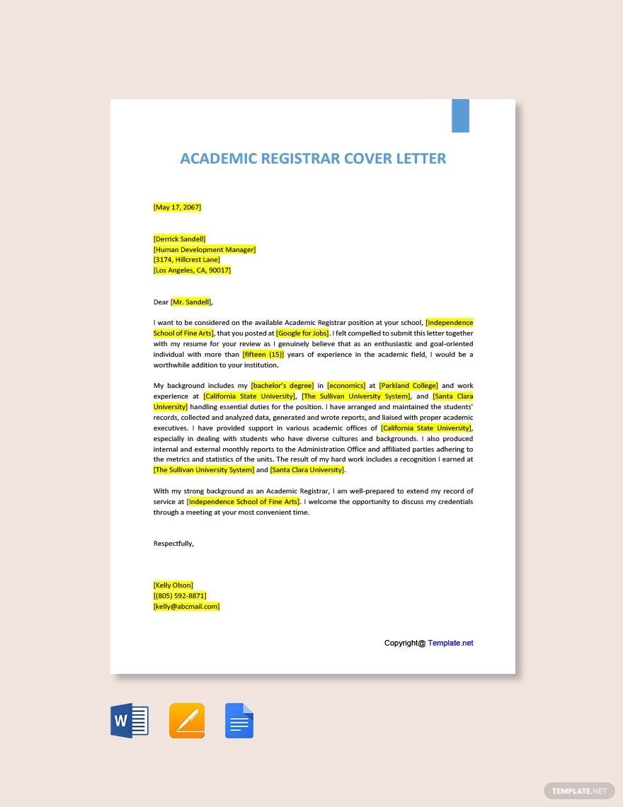 Academic Registrar Cover Letter