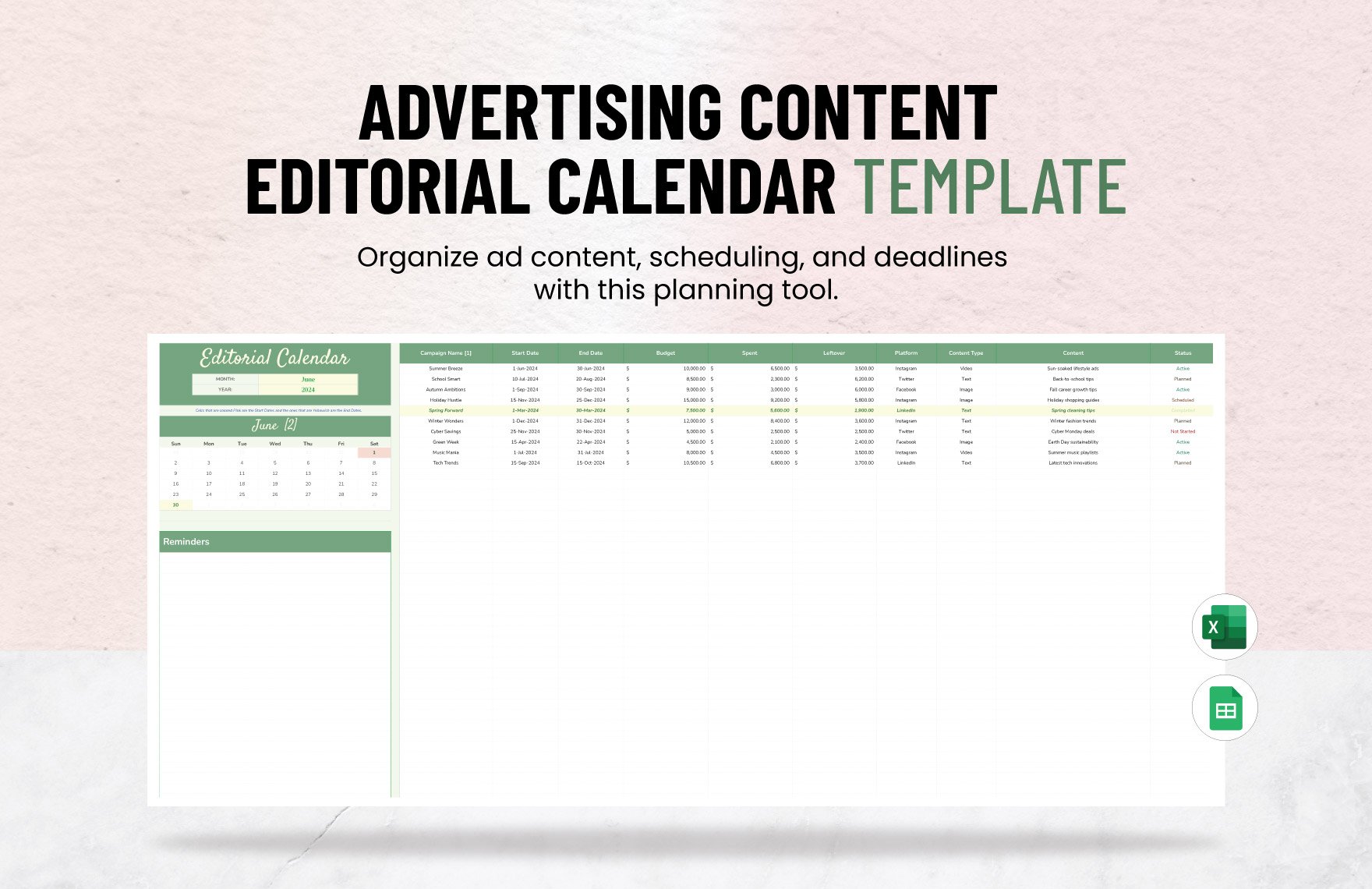 Advertising Content Editorial Calendar Template in Excel, Google Sheets