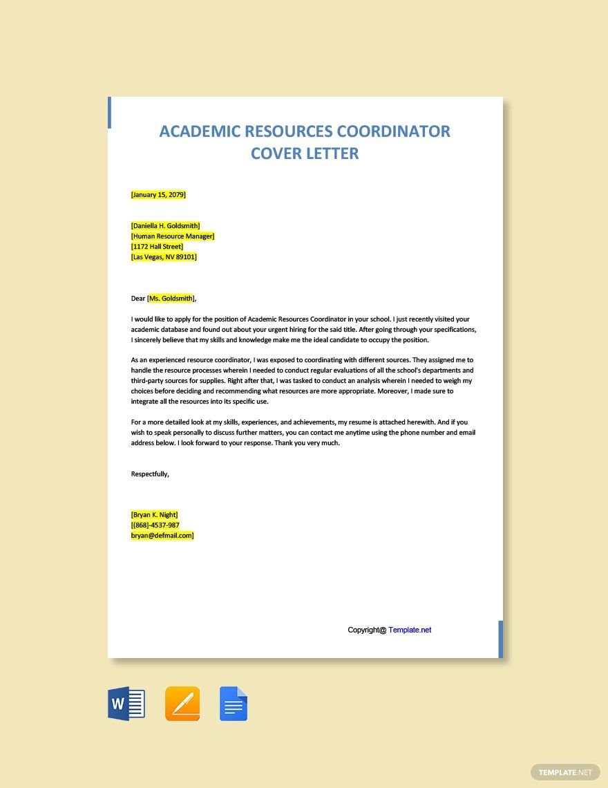 Academic Resources Coordinator Cover Letter Template