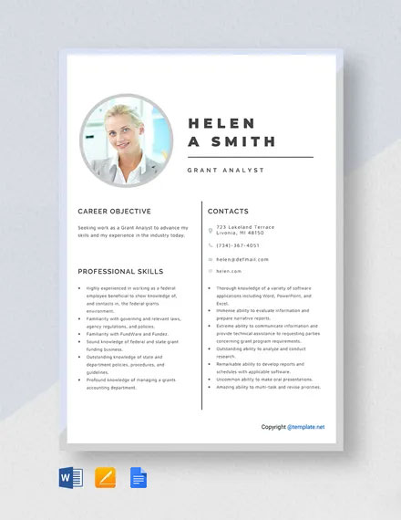 Grant Analyst Resume Template - Google Docs, Word, Apple Pages