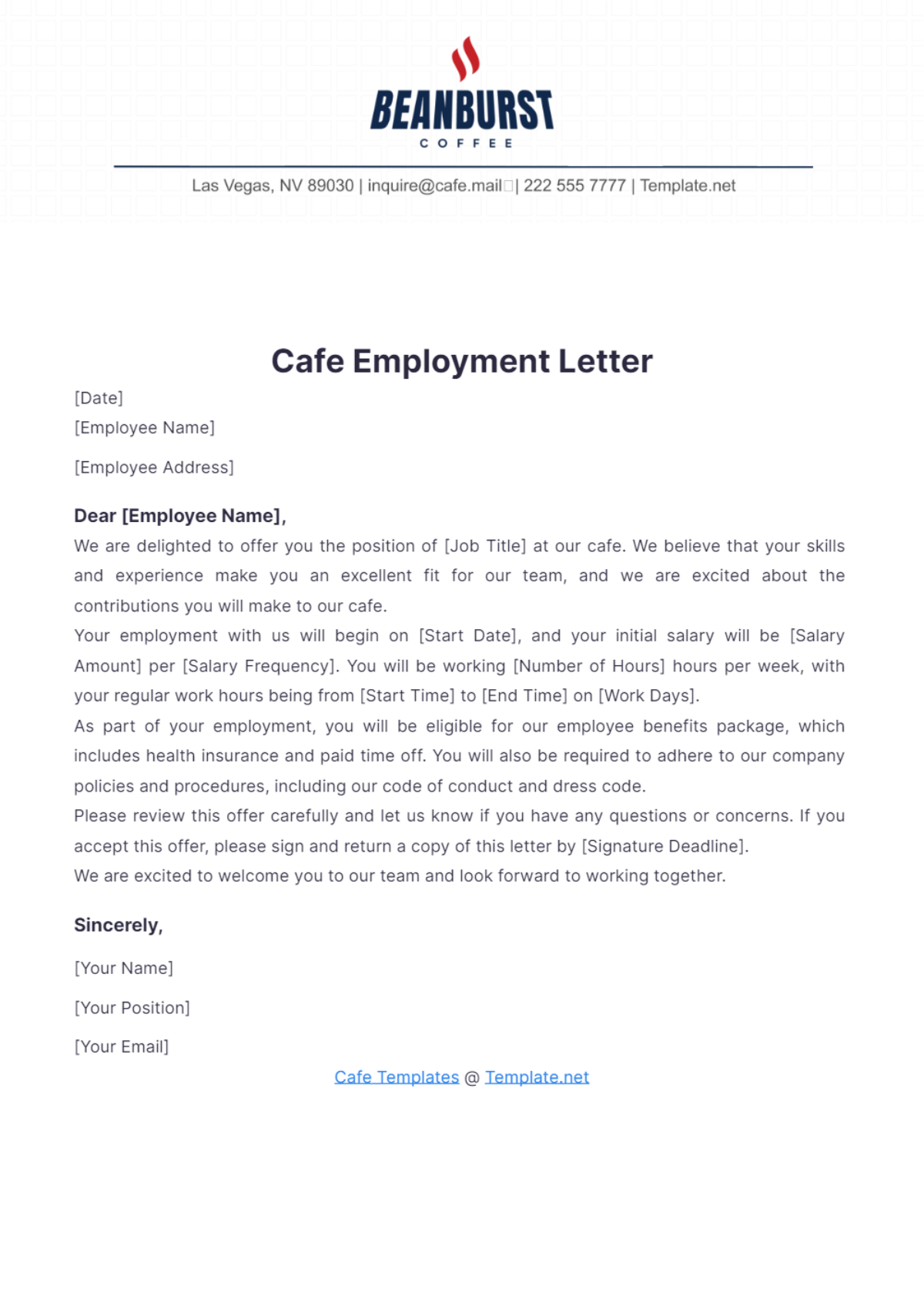 Cafe Employment Letter Template - Edit Online & Download