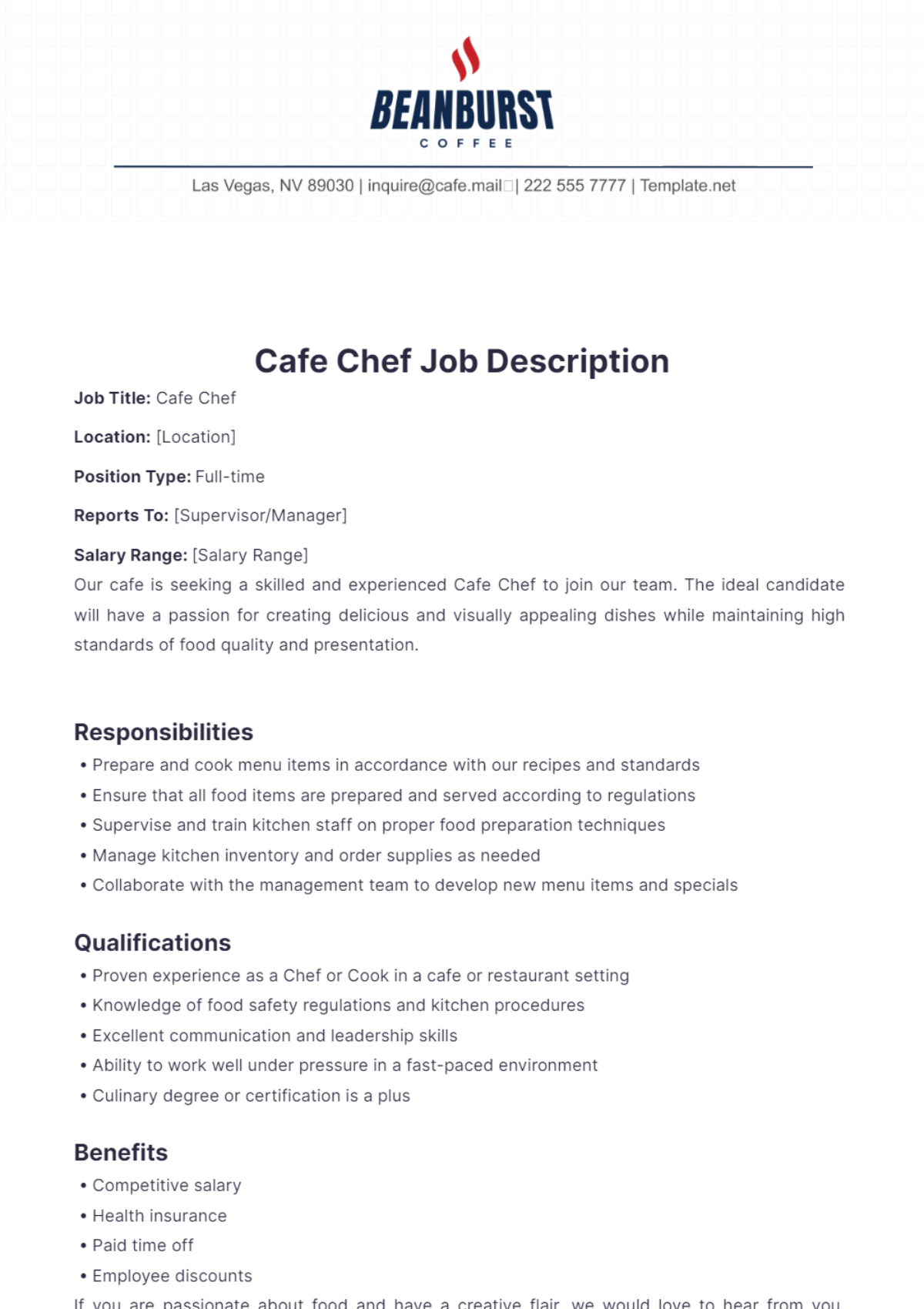 Cafe Chef Job Description Template - Edit Online & Download