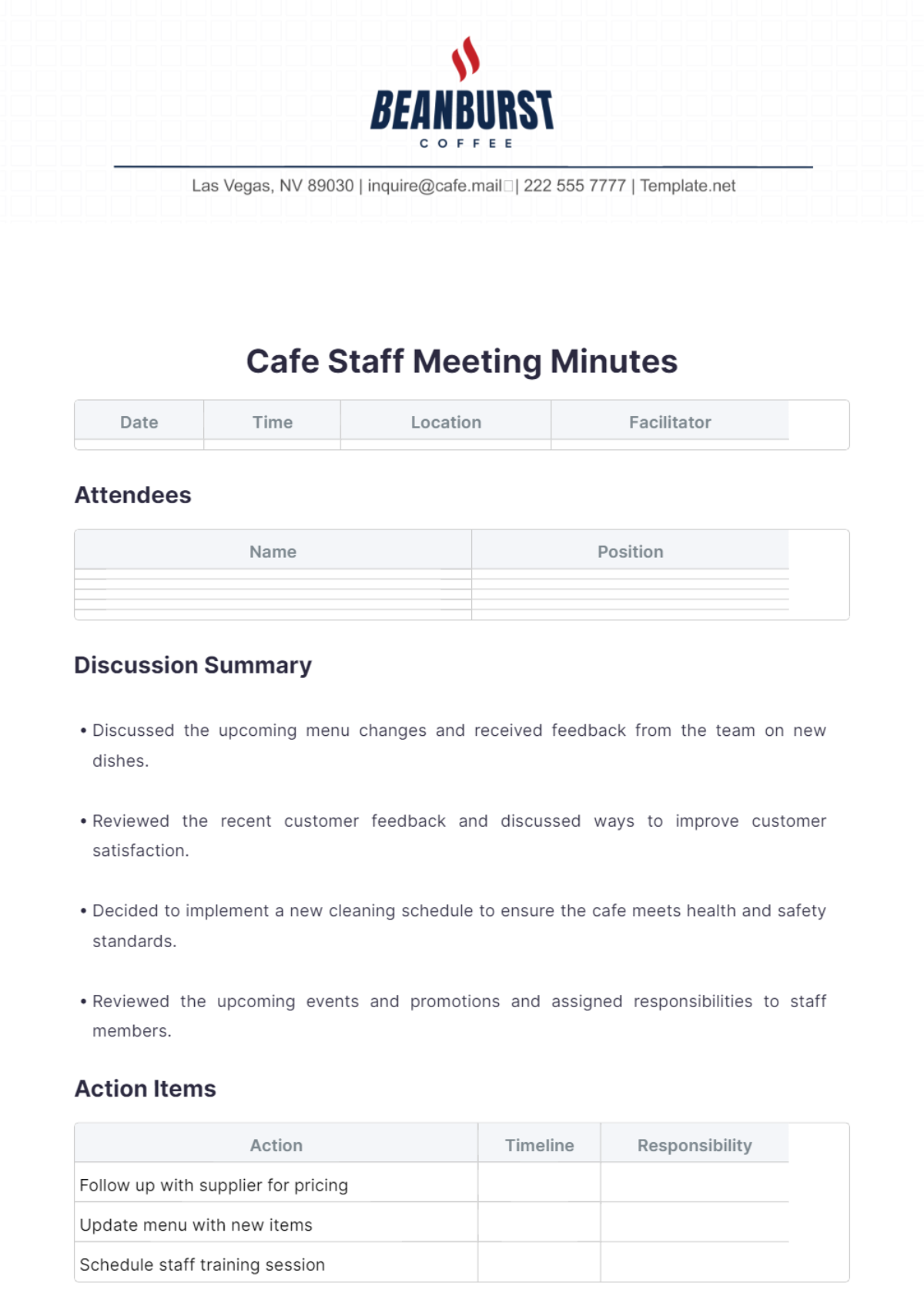 Cafe Staff Meeting Minutes Template - Edit Online & Download