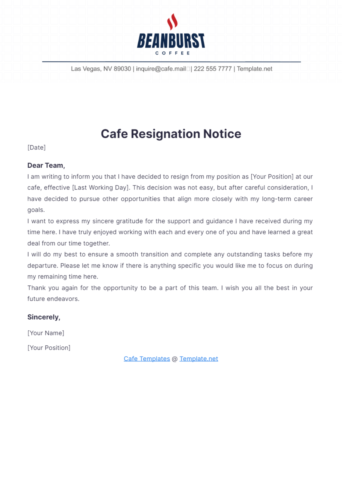 Cafe Resignation Notice Template - Edit Online & Download