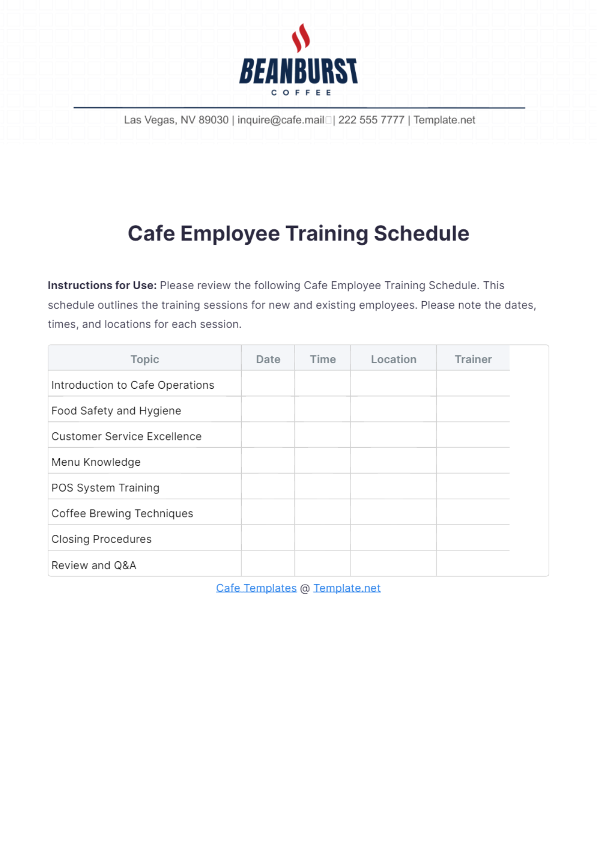 Cafe Employee Training Schedule Template - Edit Online & Download