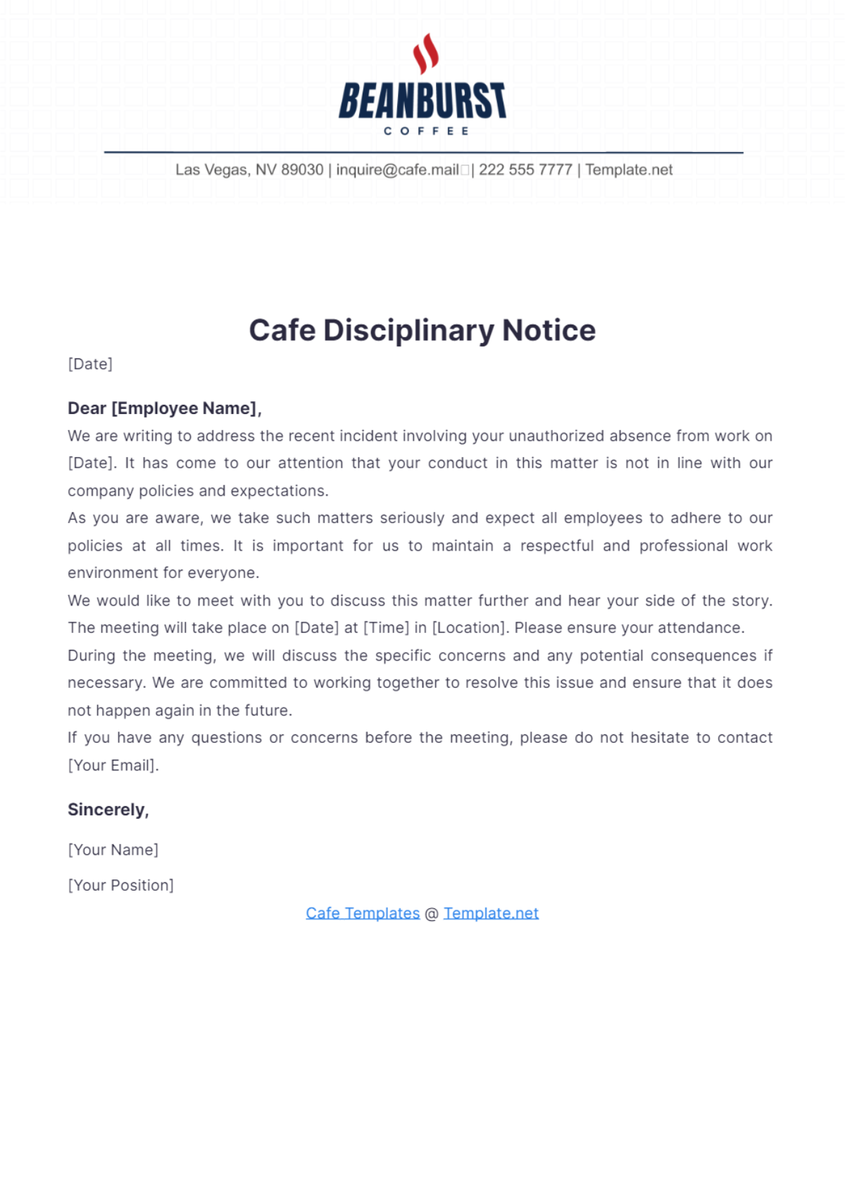 Cafe Disciplinary Notice Template - Edit Online & Download